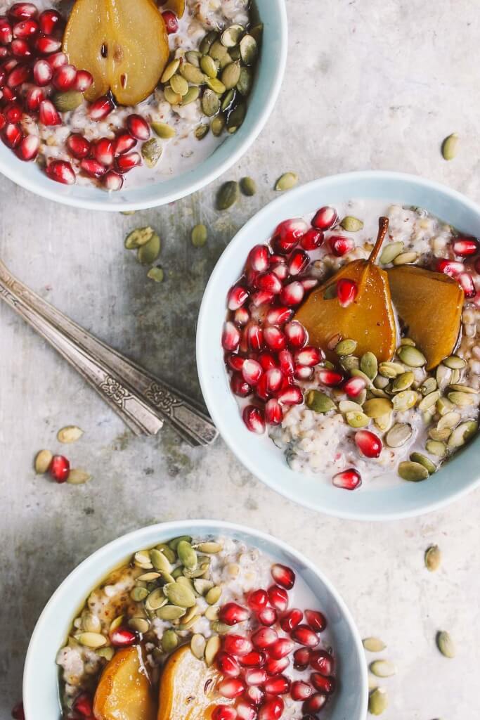 Steel Cut Oats with Maple Roasted Pears + Pomegranate