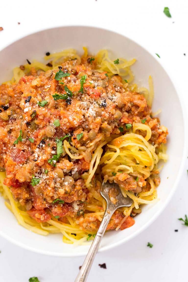 Vegan Quinoa + Lentil Bolognese with Spaghetti Squash