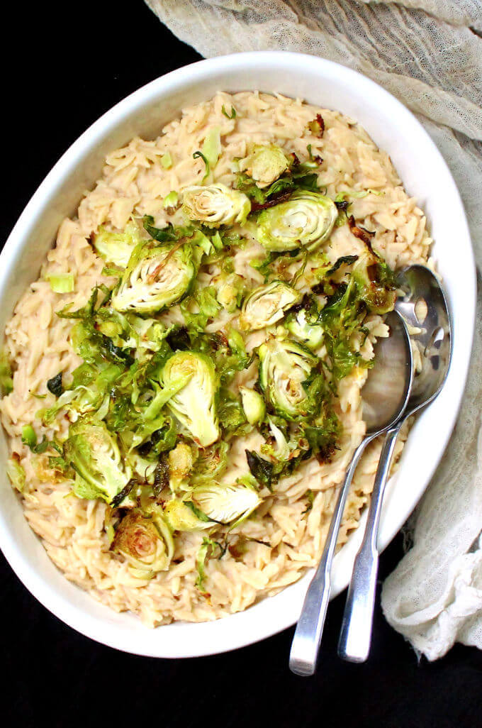 Vegan Orzo Risotto with Brussels Sprouts