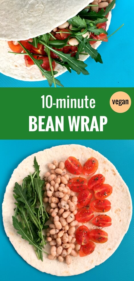 This tasty Bean Wrap is ready in 10 minutes, making it a perfect, quick weeknight dinner. It’s packed with beans (protein), tomatoes and rockets/arugula (vitamins). | The Green Loot #vegan #dinner