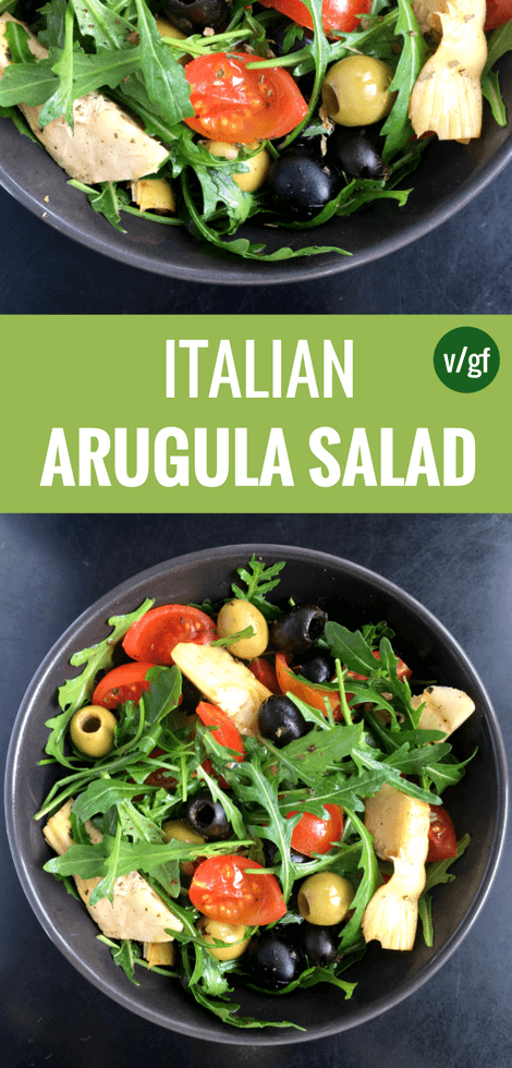 Italian Arugula Salad is the perfect vegan side dish to any meal. Full of tasty Mediterranean ingredients like olives, artichokes, basil and oregano. Make it for a simple lunch, BBQ or a fancy dinner party. | The Green Loot #vegan