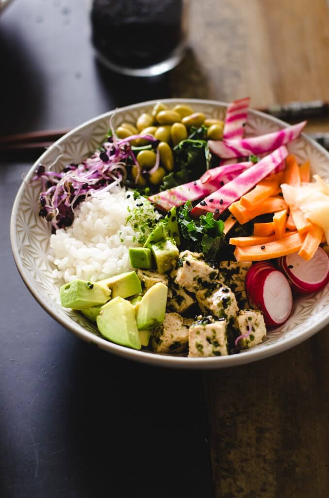 Vegan Sushi Bowl with Sesame Seaweed Tofu