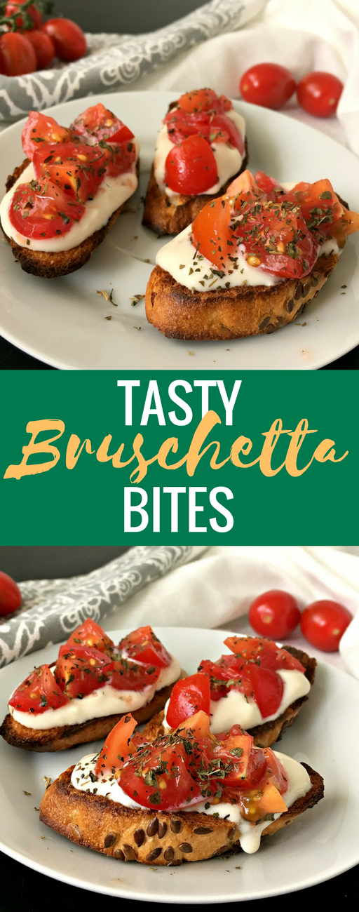 These vegan Bruschetta Bites are the perfect Italian party appetizers for Summer. Toasted baguette slices, fresh tomatoes, basil and creamy soy yogurt create a super flavorful finger food. | The Green Loot #vegan