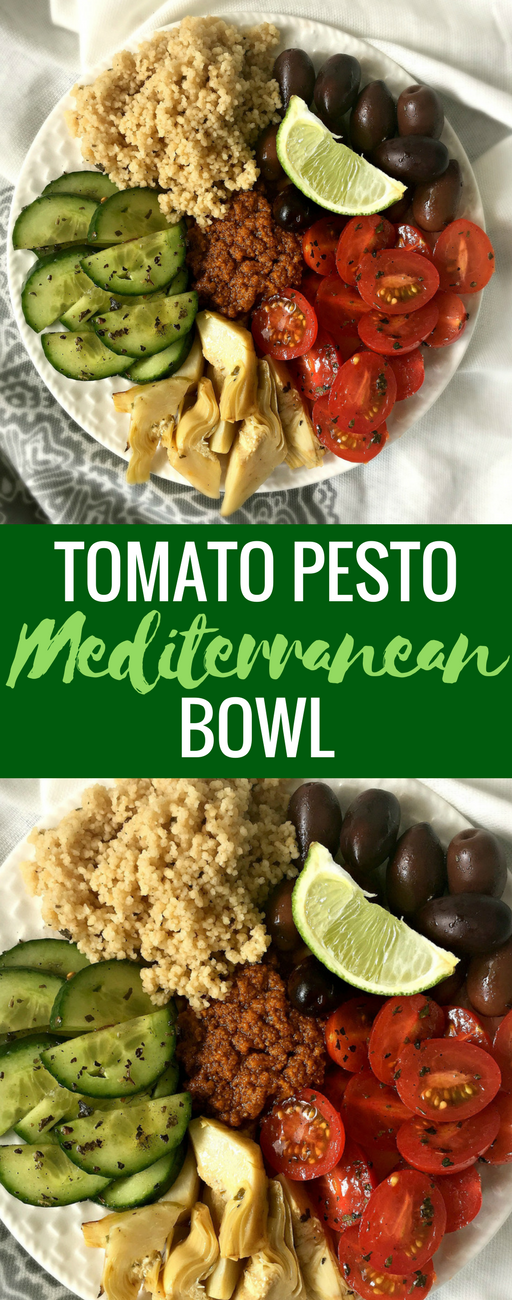 Vegan Mediterranean Bowl with Sun-dried Tomato Pesto is an easy, nutrition-packed dinner. A must-have for Summer dinner parties! | The Green Loot #vegan