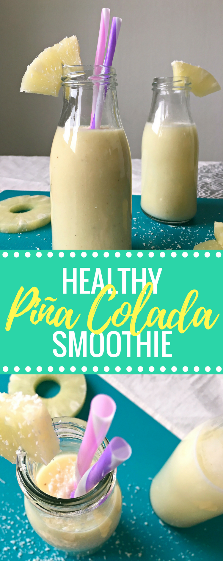 This vegan Piña Colada Smoothie is made with pineapples and coconut. Perfect for a healthy breakfast drink or a non-alcoholic "cocktail"! A tasty way to sneak some holiday feel in your weekdays. | The Green Loot #vegan