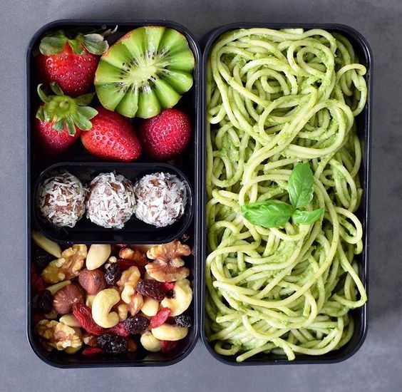 Vegan Basil Pesto Pasta, Fruit, Energy Balls, Nuts | The Green Loot #vegan #bento