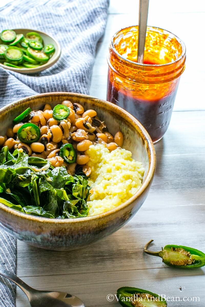 Vegan Black Eyed Peas with Smoky Collards and "Cheesy" Grits