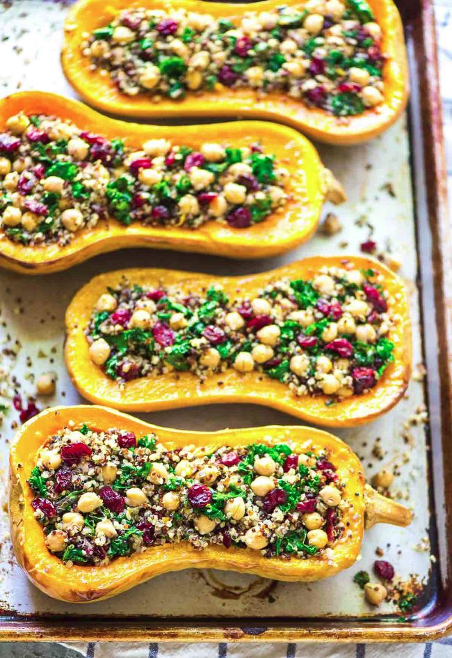 Stuffed Butternut Squash with Quinoa Cranberries and Kale