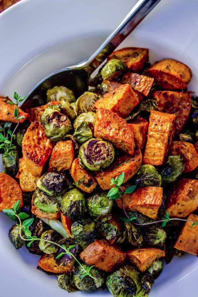 Roasted Sweet Potatoes and Brussels Sprouts