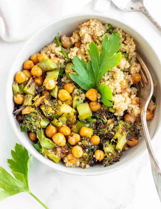 Roasted Broccoli Chickpea Quinoa Bowls