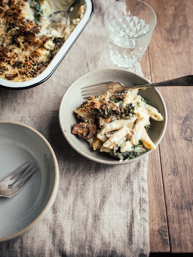 Cauliflower Mushroom, Kale Pasta Bake