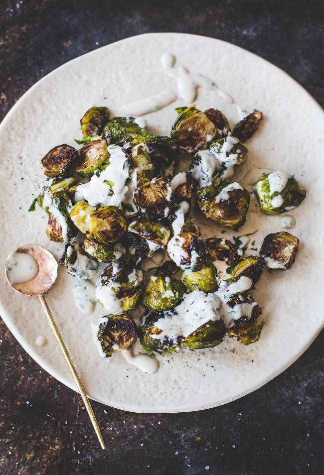 Crispy Roasted Brussels Sprouts with Lemon Tahini Sauce