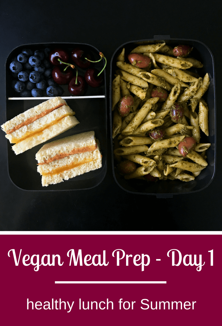 4-Day Vegan Meal Prep for Summer (Quick & Easy) - Click to see the recipes and tips! - Blueberries, Cherries, PB&J Sandwiches, Basil Pesto Pasta | The Green Loot #vegan