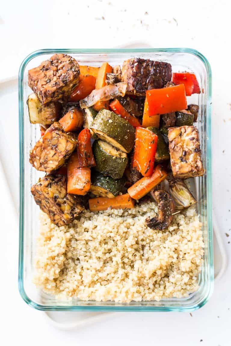 Balsamic Tempeh and Roasted Vegetable Quinoa Bowls