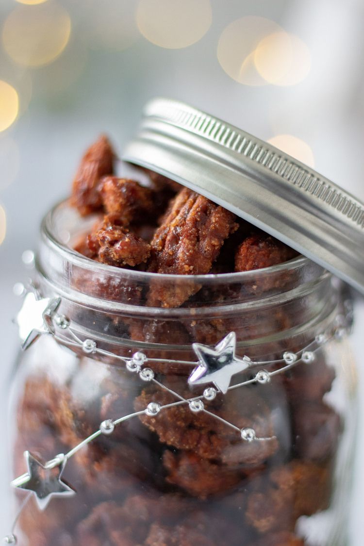 Gingerbread Candied Nuts in a jar zoomed in