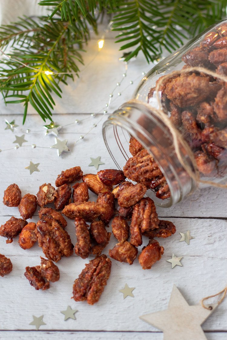 Gingerbread Candied Nuts in a jar flat lay
