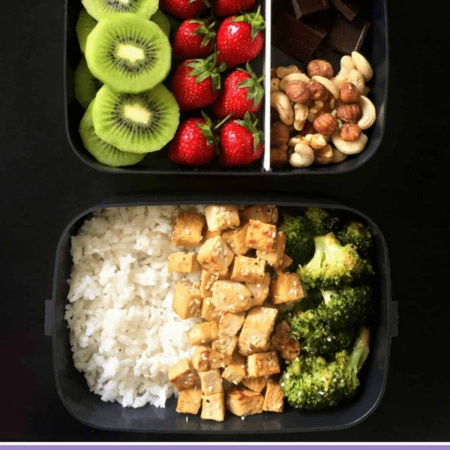 vegan meal prep recipes - tofu and rice, fruits