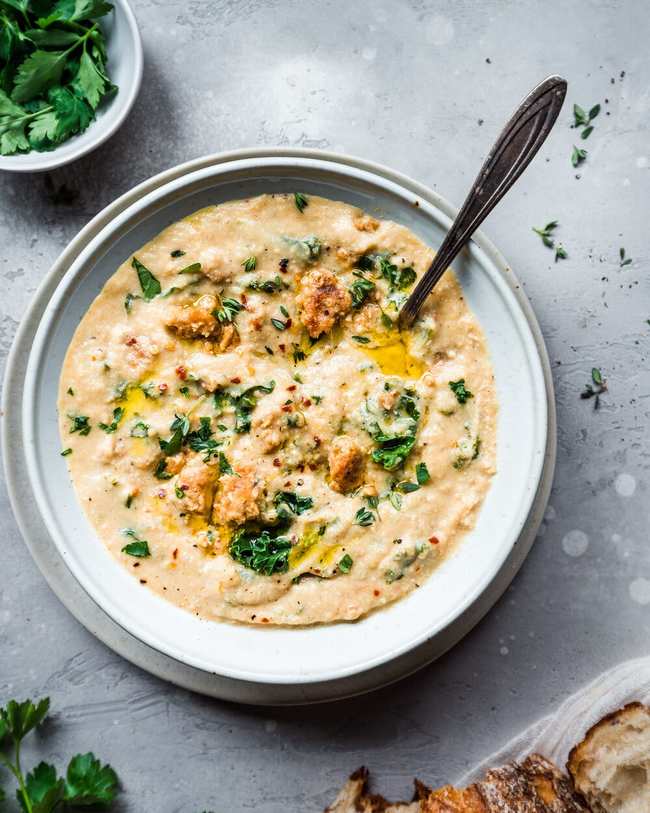 Cauliflower Soup with Vegan Sausages and Kale