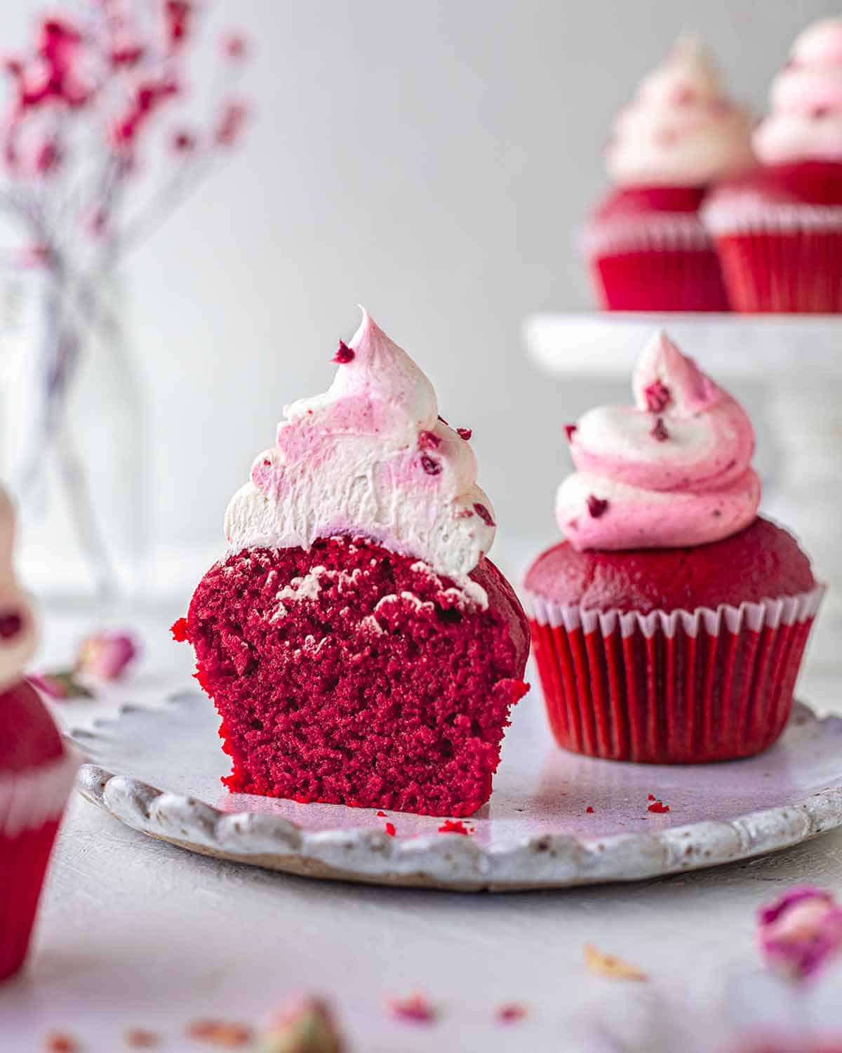 Vegan red velvet cupcakes with frosting