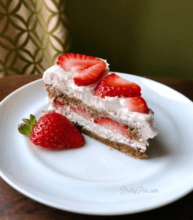 Slice of gluten free peanut butter strawberry shortcake on plate