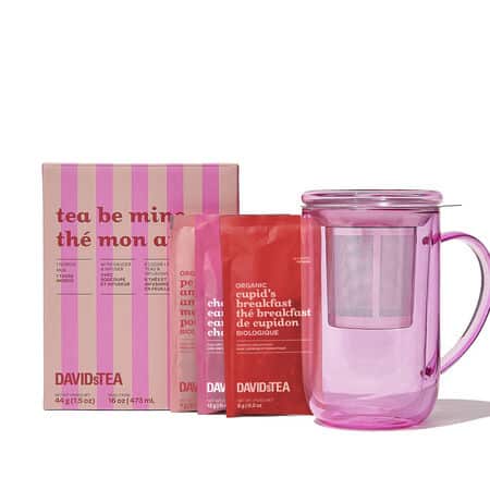 Pink David's tea set with loose leaf tea and steeper mug