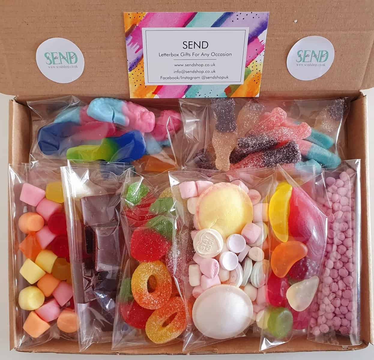 Box of assorted gummy and fruit candy