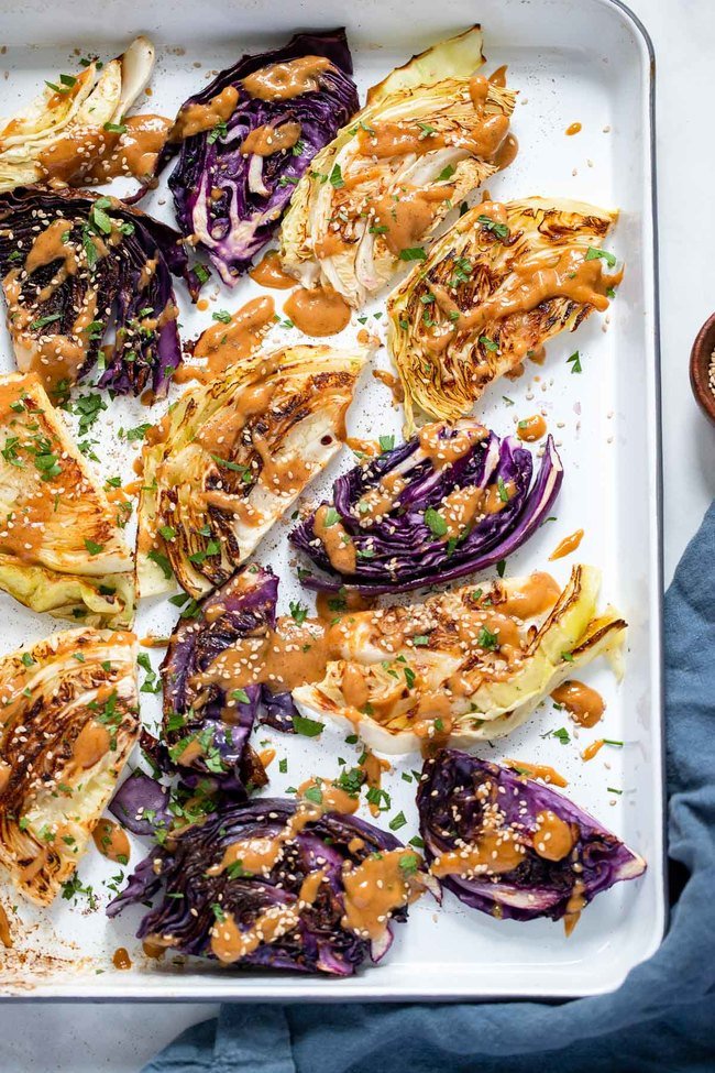 Oven Roasted Vegan Cabbage with Tahini Sauce