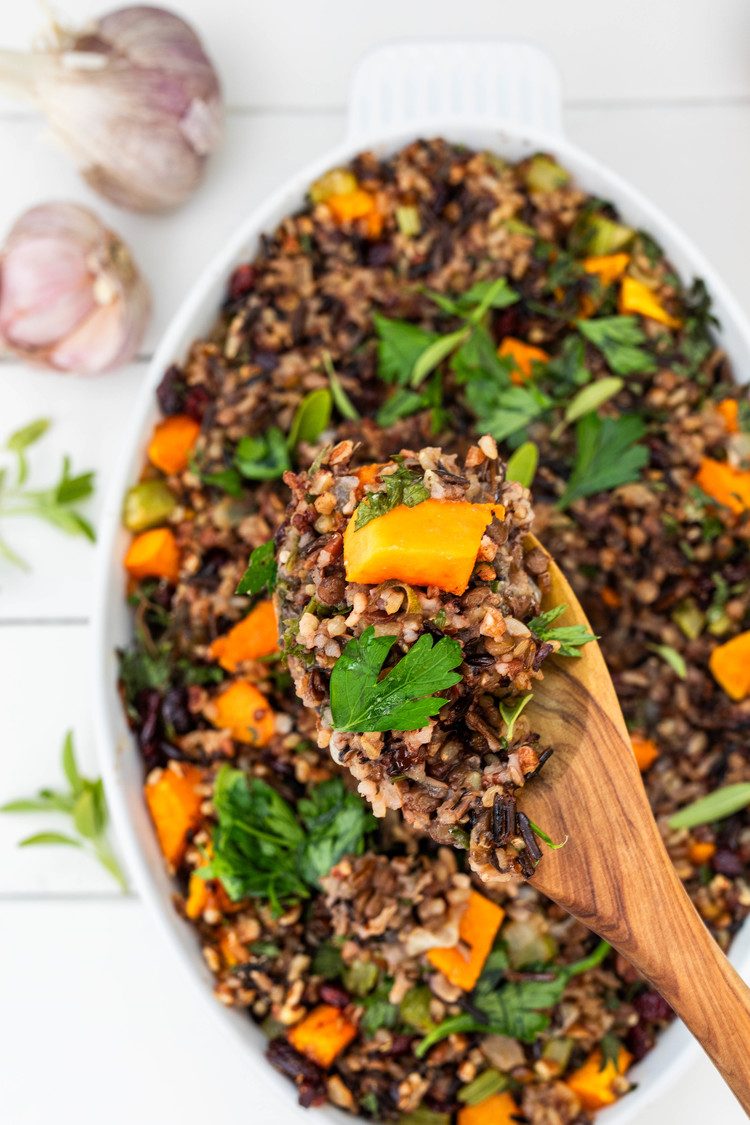 vegan wild rice stuffing with lentils