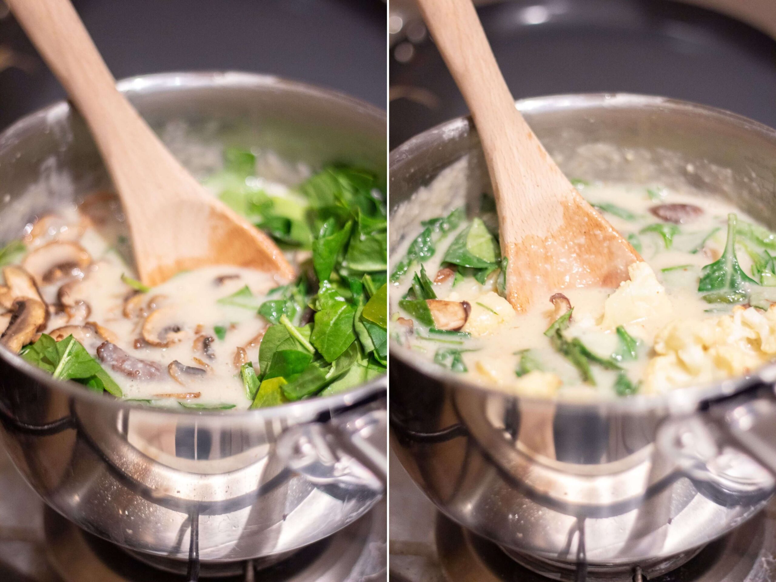 adding spinach, mushrooms and remaining cauliflower