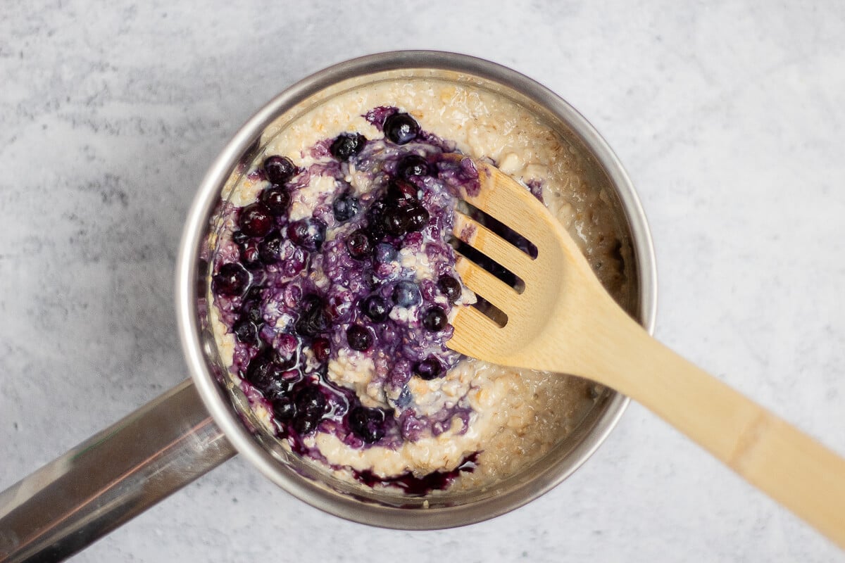 blueberries added to the cooked oatmeal