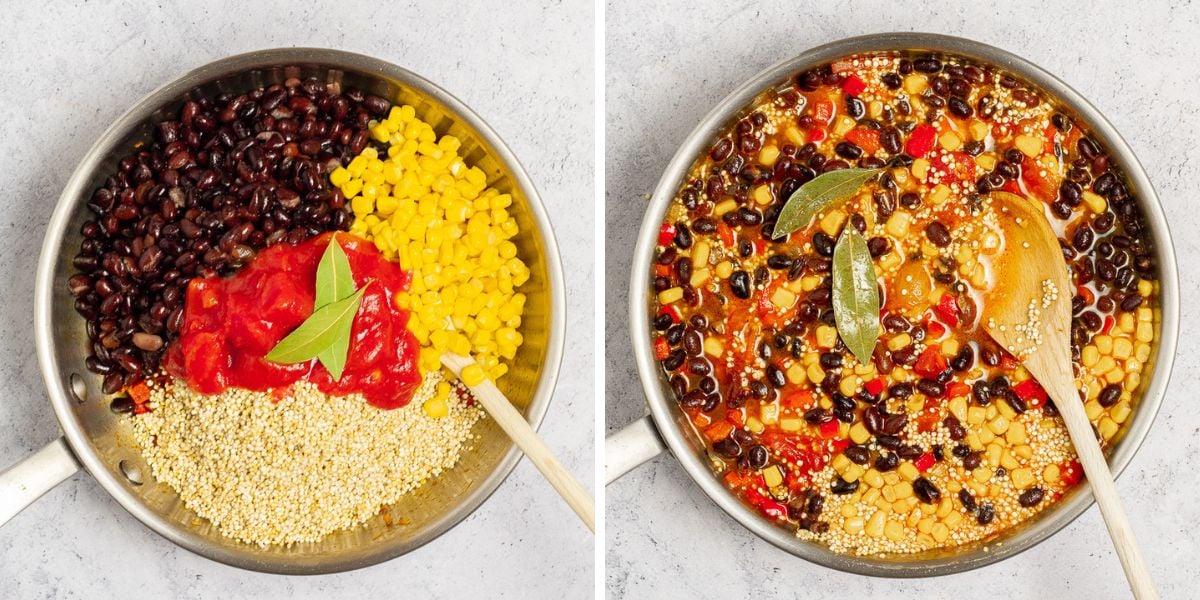 veggie broth, black beans, corn, dry quinoa, bay leaves and diced tomatoes in the pan